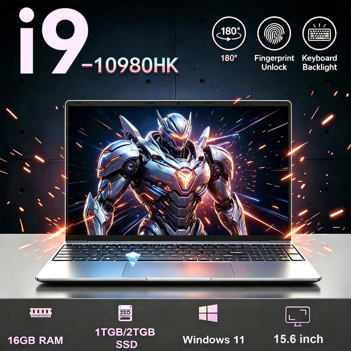 Ordinateur Portable Gaming 15,6" – Intel Core i9, 16 Go RAM, SSD, Windows 11, Rétroéclairage & Lecteur d'Empreintes