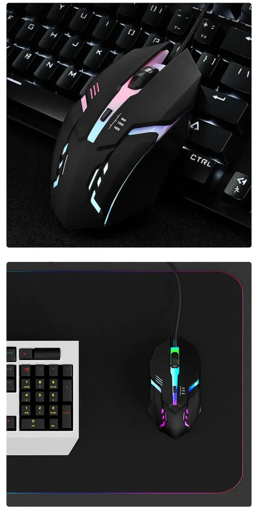 Souris de jeu LED, conception ergonomique, lumineuse, filaire, USB, 4 boutons, rétroéclairée, pour PC de bureau et ordinateurs portables