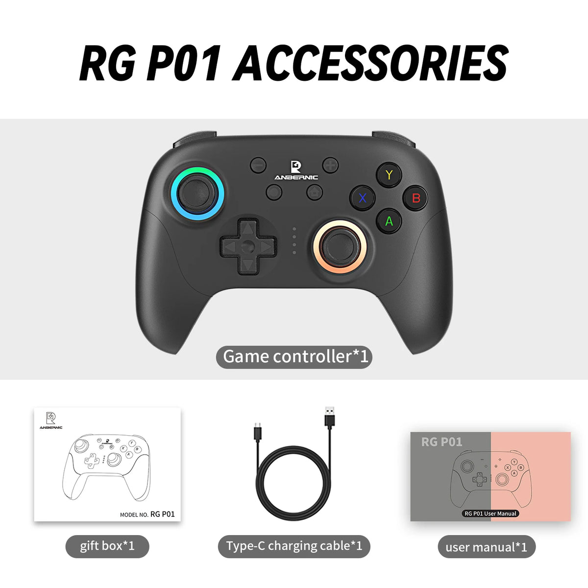 Manette ANBERNIC RG P01 à effet Hall – Bluetooth, USB et 2,4 GHz