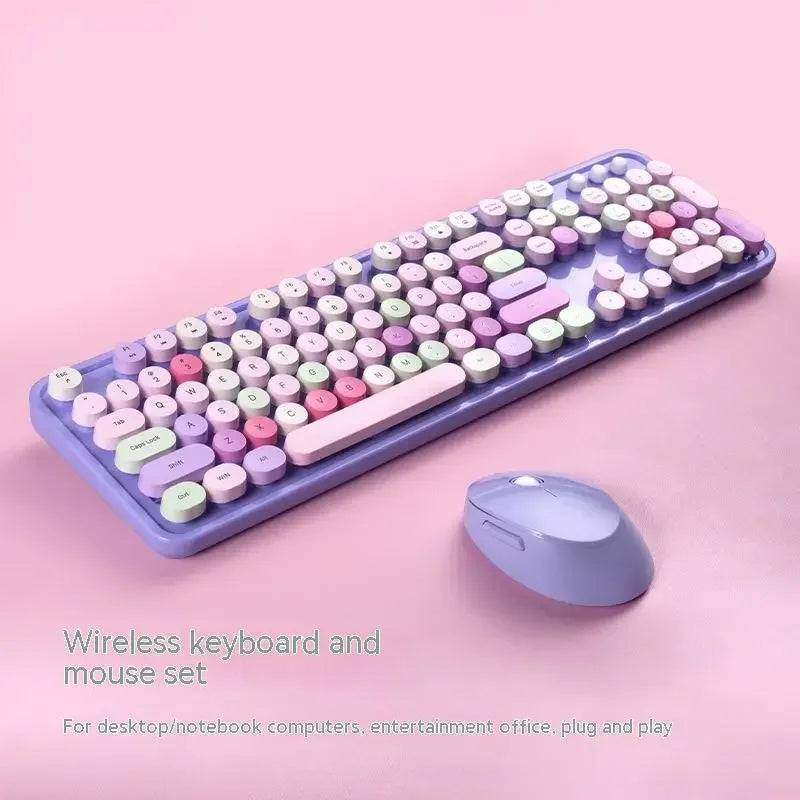 Ensemble Clavier & Souris Sans Fil Kawaii – 104 Touches, Design Rétro Arc-en-Ciel, Multi-Coloris