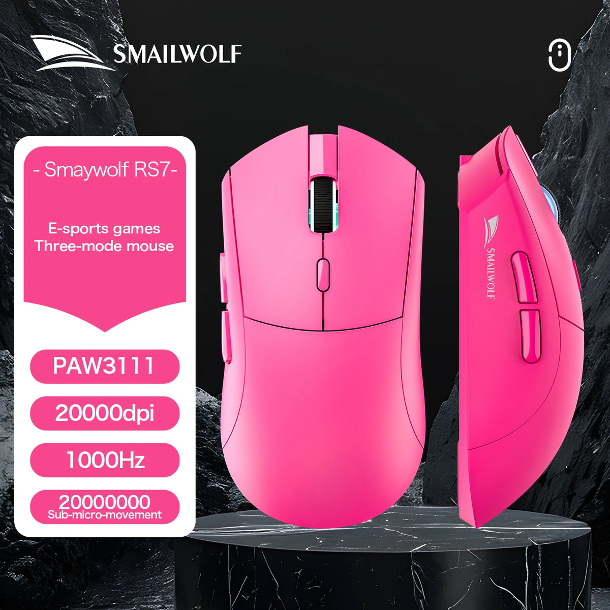 SMAILWOLF RS7 Souris Gaming Sans Fil Bluetooth – Capteur PAW3311, 12 000 DPI, Rechargeable