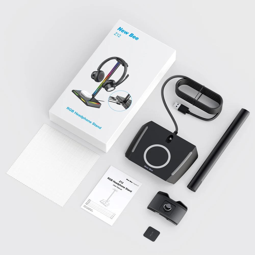 Support Casque Gaming RGB New Bee Z12 – Chargeur Sans Fil + 3 Ports USB, Aluminium