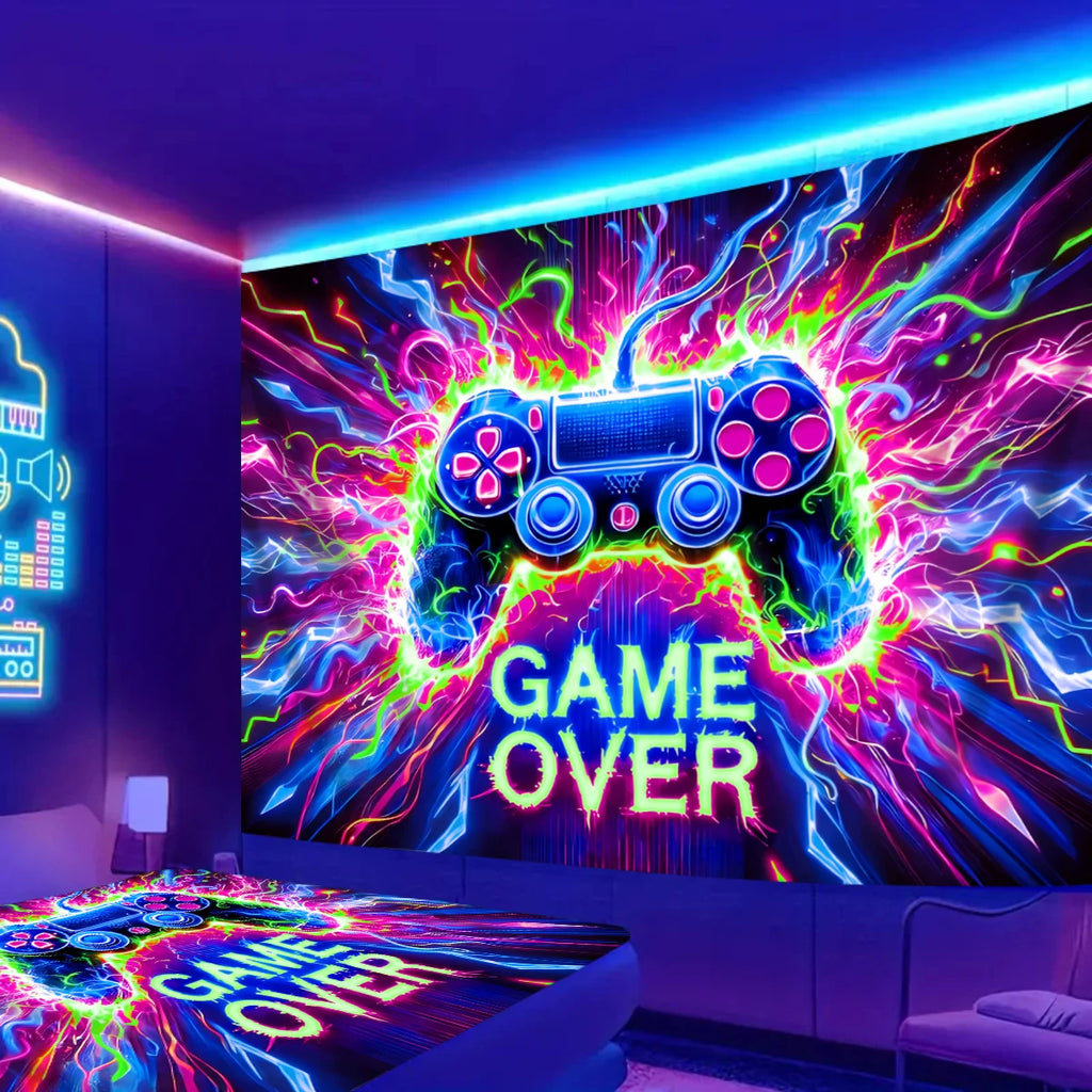 VIKAMA – tapisserie néon de jeu avec poignée éblouissante, décoration de salle de jeu pour chambre à coucher, mur de fond en direct