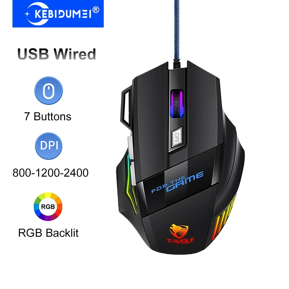 Souris Gaming Filaire KEBIDUMEI – 6 Boutons | DPI Réglable 1200-7200 | Silencieuse | RGB | Ergonomique