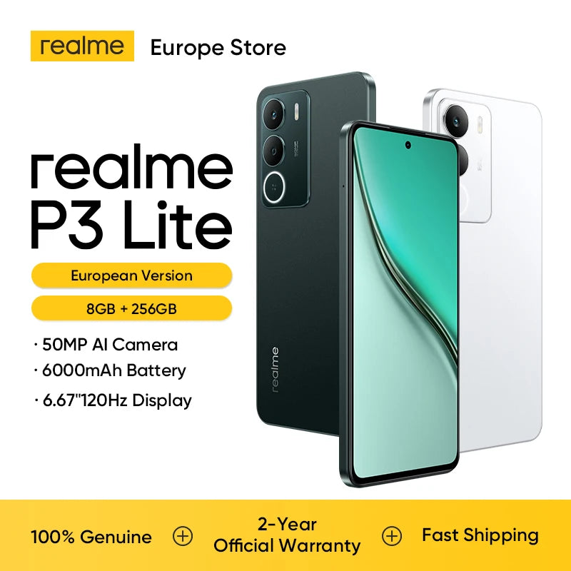 realme P3lite, smartphone version globale, batterie 6000 mAh, chipset OCTA-CORE, charge rapide 15W, 360 ° NFC, Ultra Li