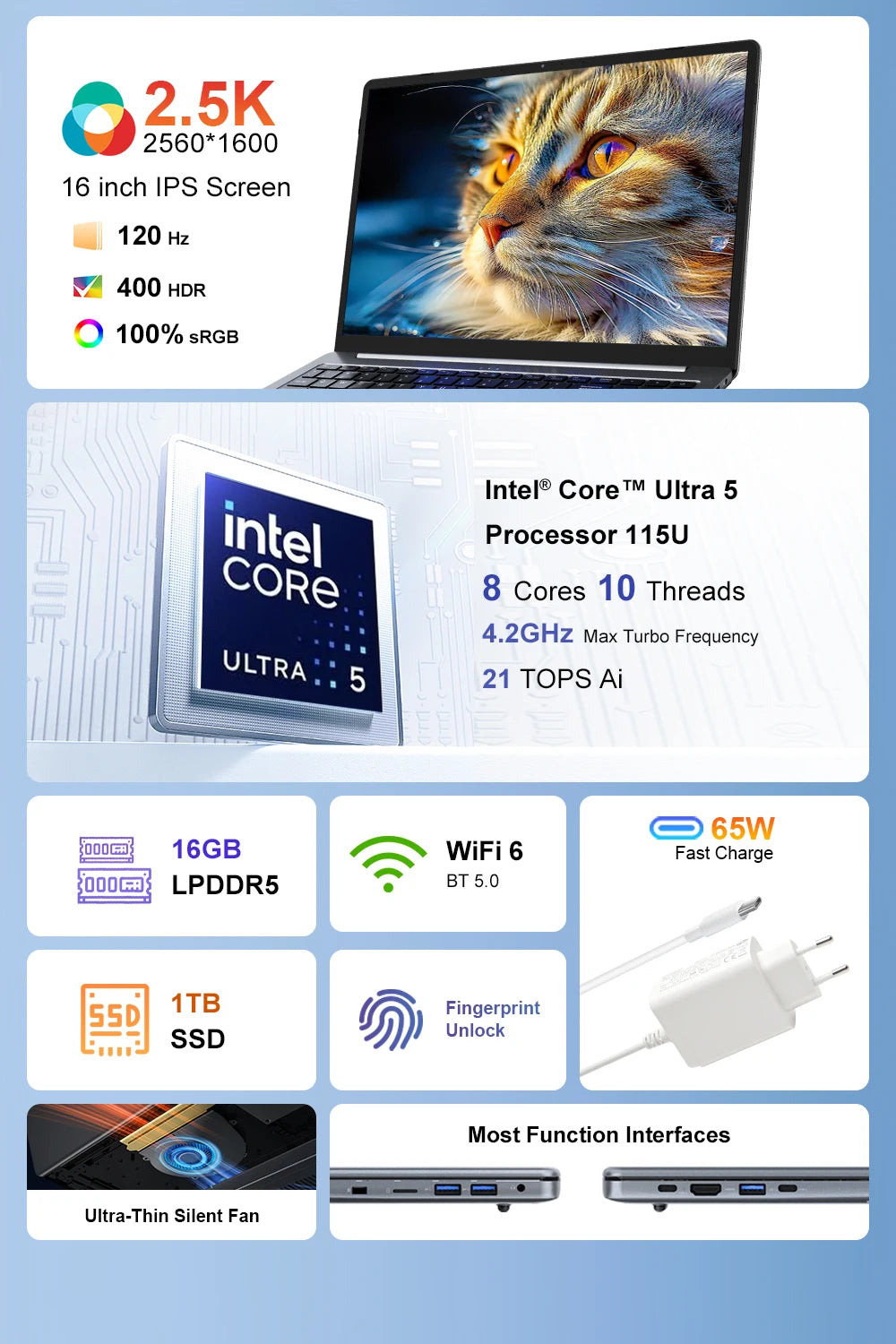 PC portable Ninkear N16 Pro - Intel Core Ultra 5, 16" 2.5K 120 Hz, 16 Go, 1 To SSD