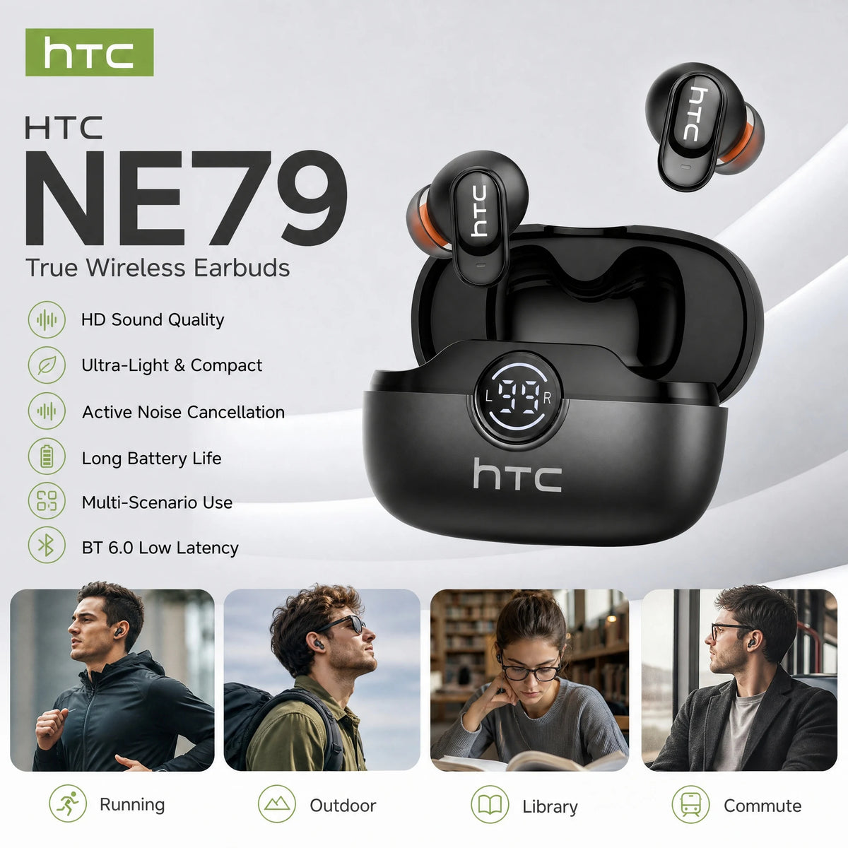 Écouteurs Bluetooth HTC avec traduction IA et boîtier tactile