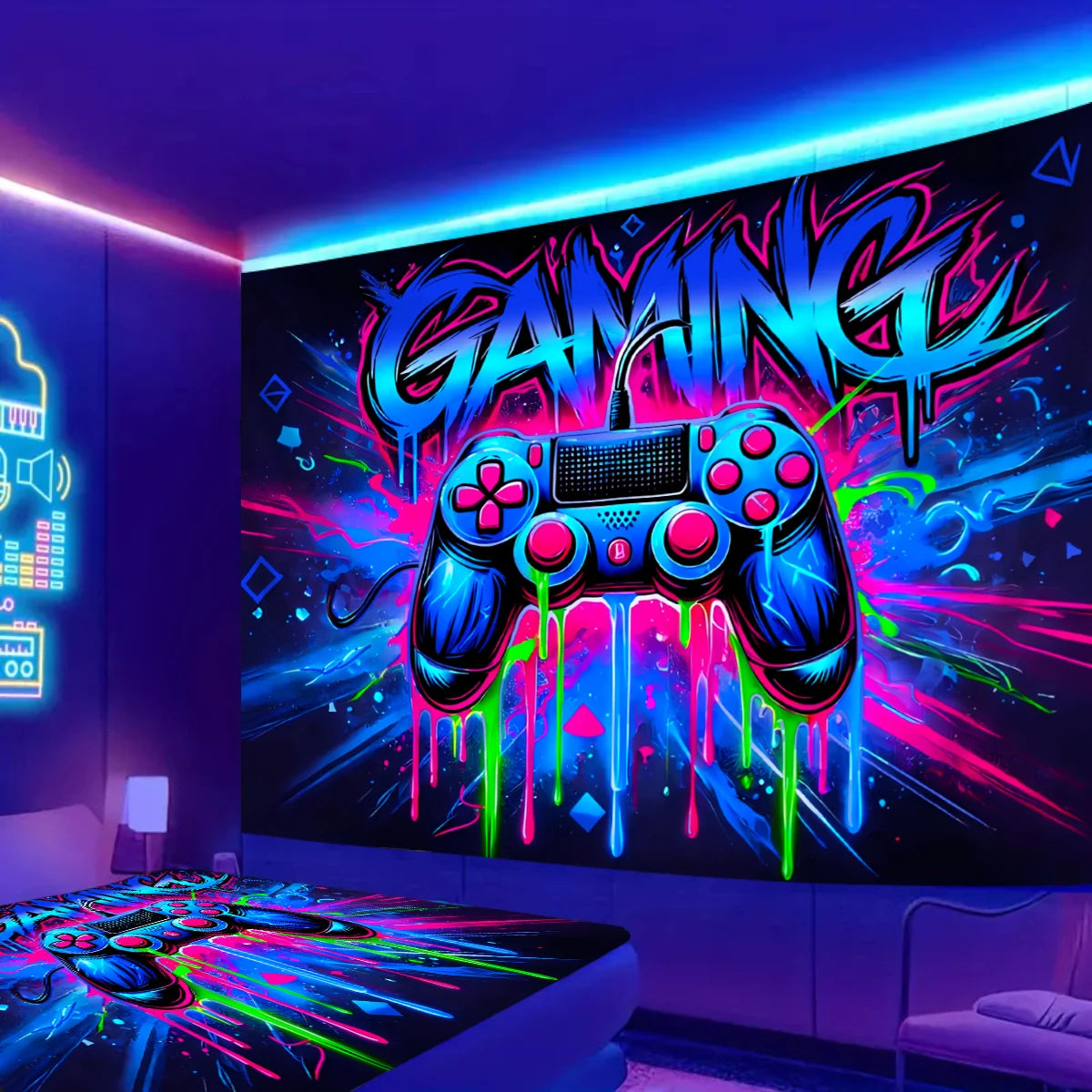 VIKAMA – tapisserie néon de jeu avec poignée éblouissante, décoration de salle de jeu pour chambre à coucher, mur de fond en direct