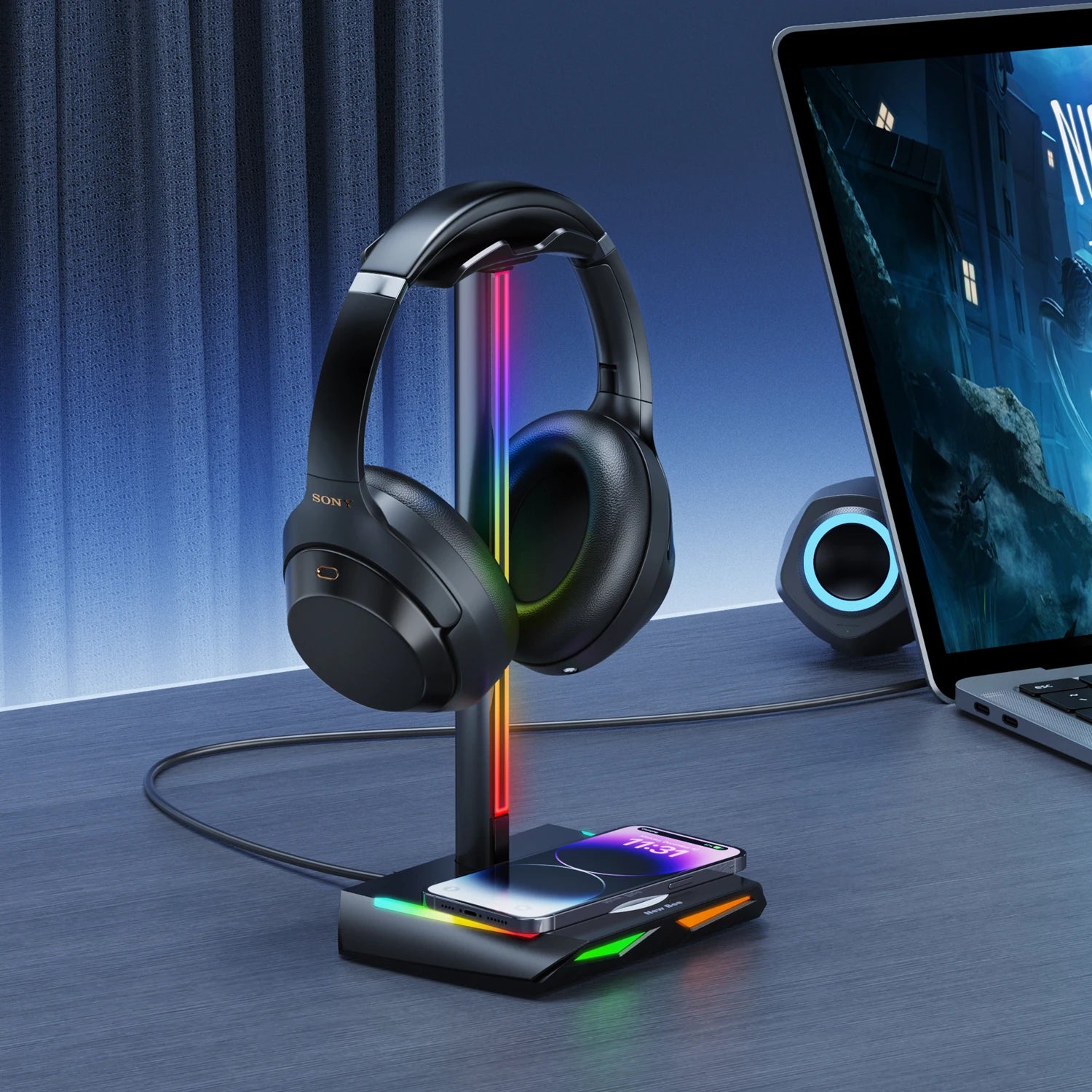 Support Casque Gaming RGB New Bee Z12 – Chargeur Sans Fil + 3 Ports USB, Aluminium