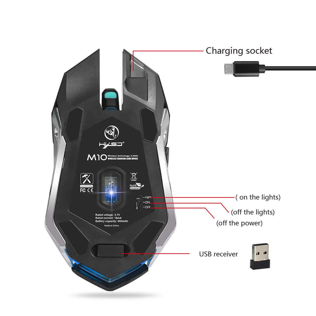 HXSJ M10 – Souris Gaming Sans Fil 2400 DPI, Rétroéclairage 7 Couleurs, Ergonomique