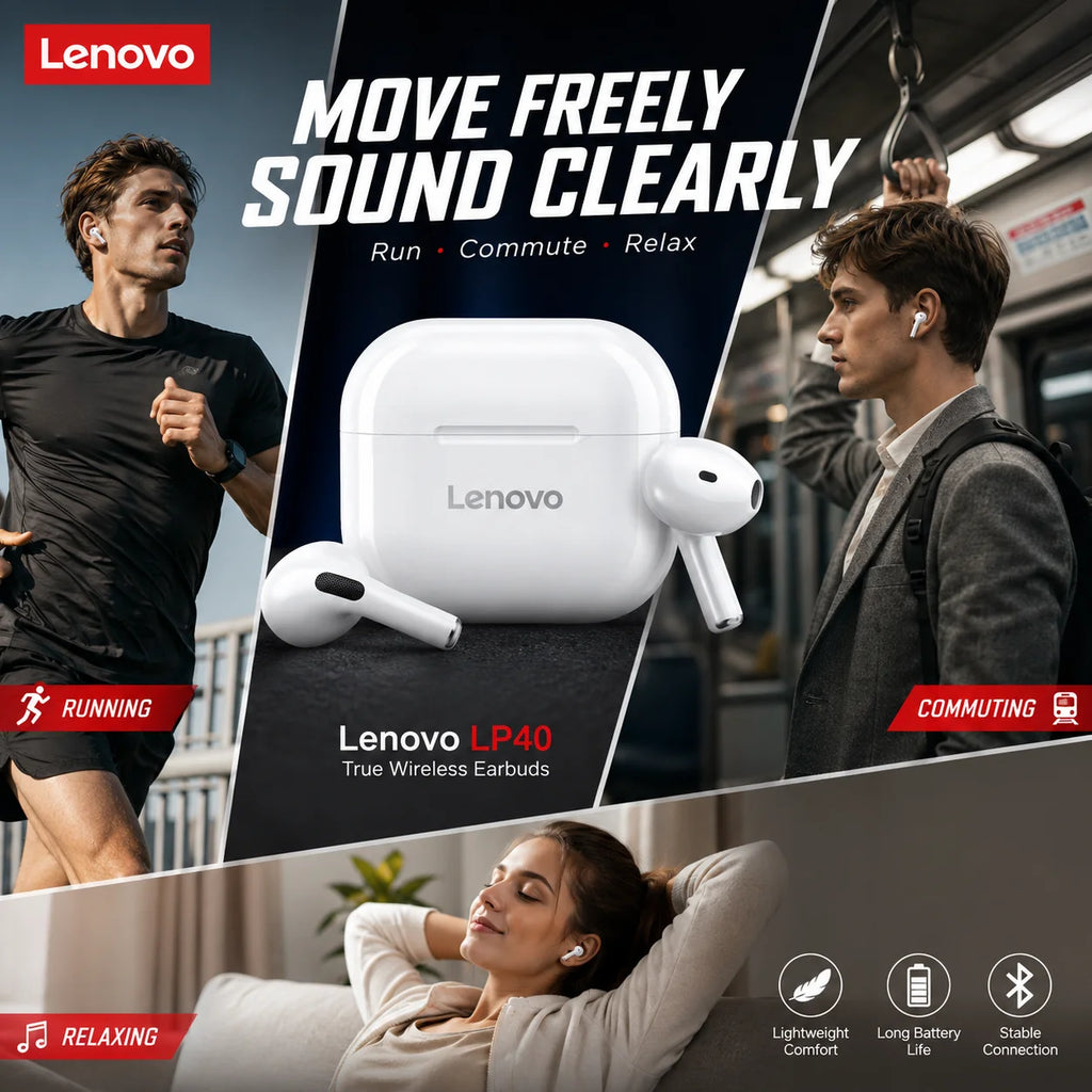 Lenovo LP40 – Écouteurs TWS Bluetooth 5.4 | ANC, Contrôle Tactile, Étanche, Sport