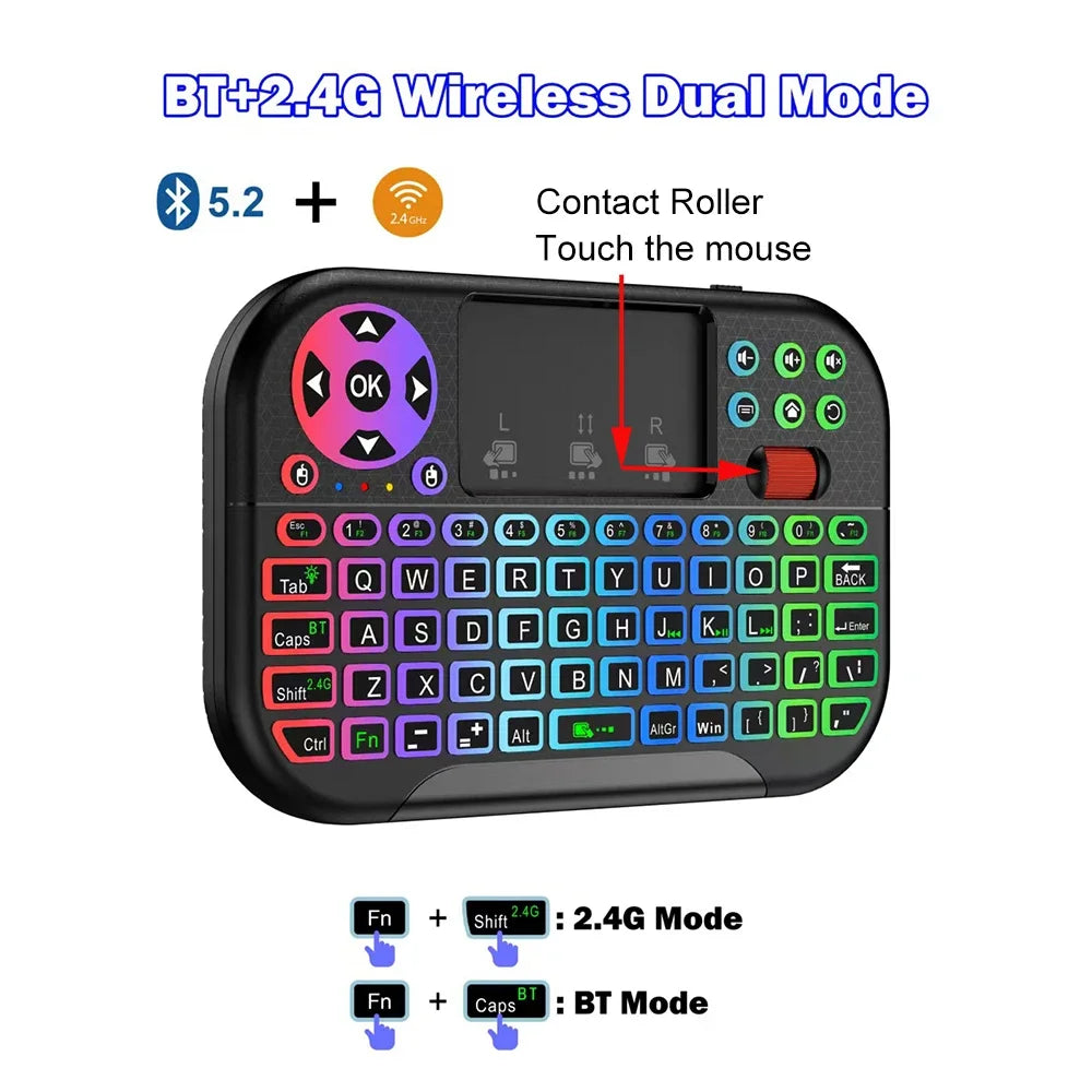 Mini Clavier Sans Fil KEBIDUMEI – Bluetooth 5.2 + 2.4G, Pavé Tactile, Rétroéclairage RGB 8 Couleurs