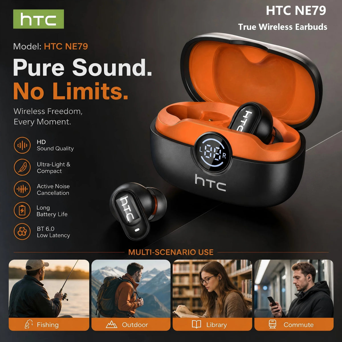 Écouteurs Bluetooth HTC avec traduction IA et boîtier tactile