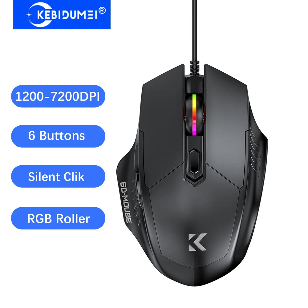 Souris Gaming Filaire KEBIDUMEI – 6 Boutons | DPI Réglable 1200-7200 | Silencieuse | RGB | Ergonomique