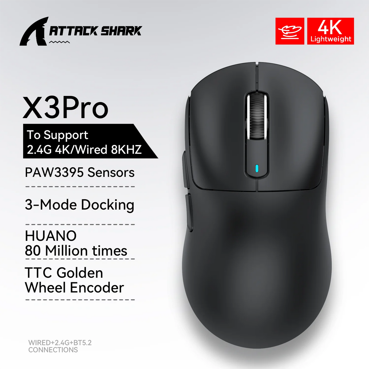 Attack Shark X3 / X3 Pro – Souris Gaming Sans Fil Pixart 3395 | 26 000 DPI | 49g