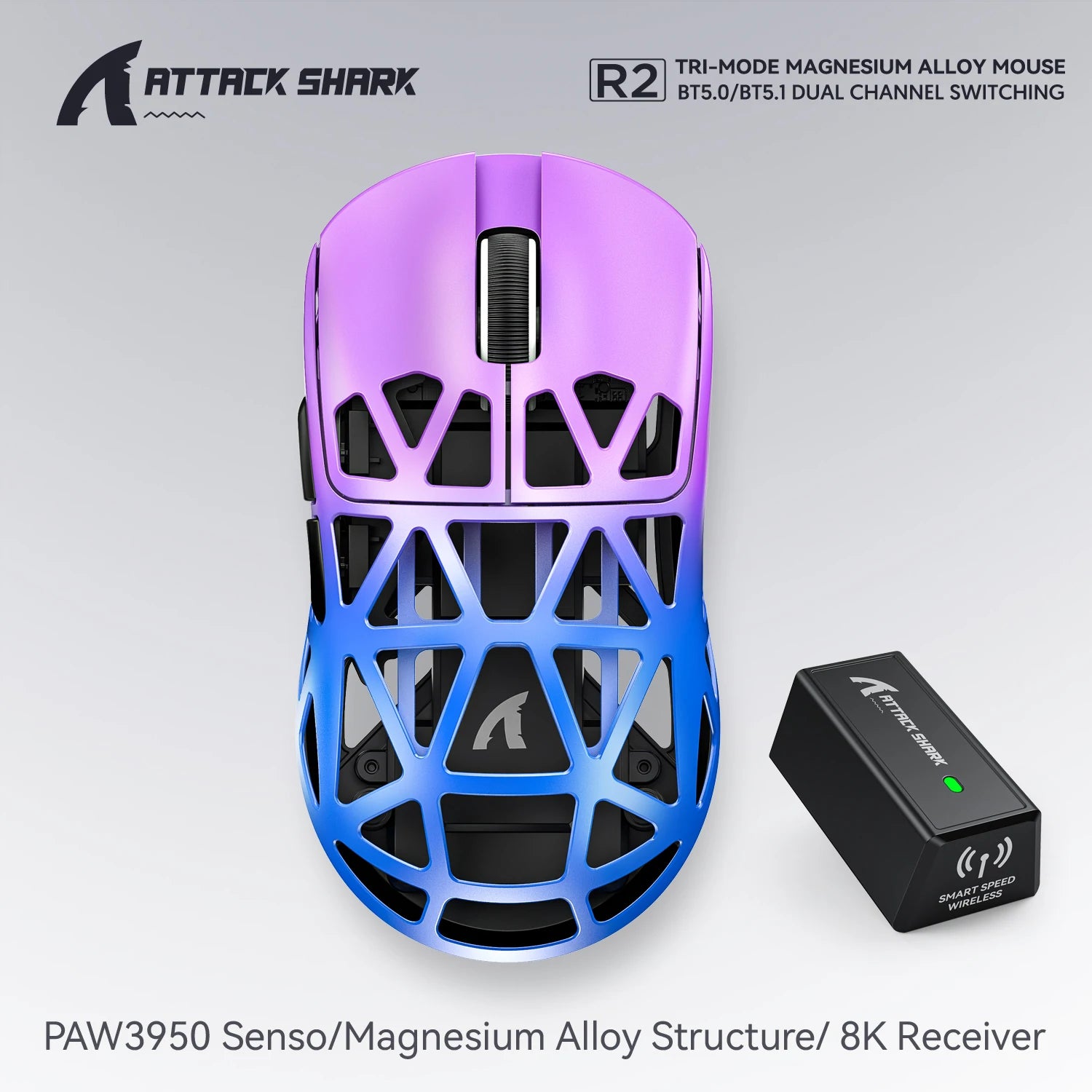 Attaque Shark R2 souris de jeu sans fil PAW3950 8K alliage de magnésium souris de jeu légère Bluetooth Tri-Mode pour les jeux/bureau