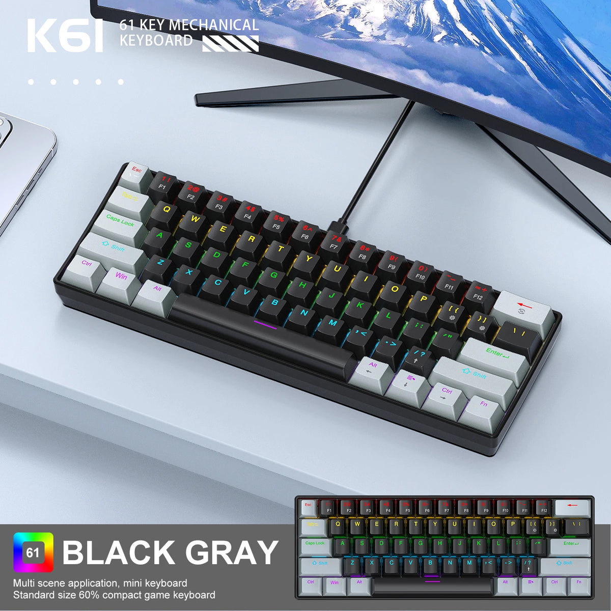 Clavier Mécanique Gaming APAYADO K61 Mini 61 Touches – RGB, Hot-Swap, Filaire USB-C