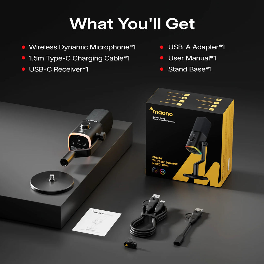 MAONO PD100W - Microphone Dynamique Sans Fil pour Streaming et Gaming