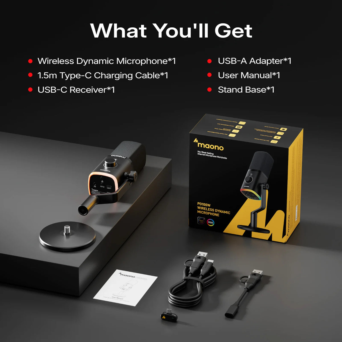 MAONO PD100W - Microphone Dynamique Sans Fil pour Streaming et Gaming