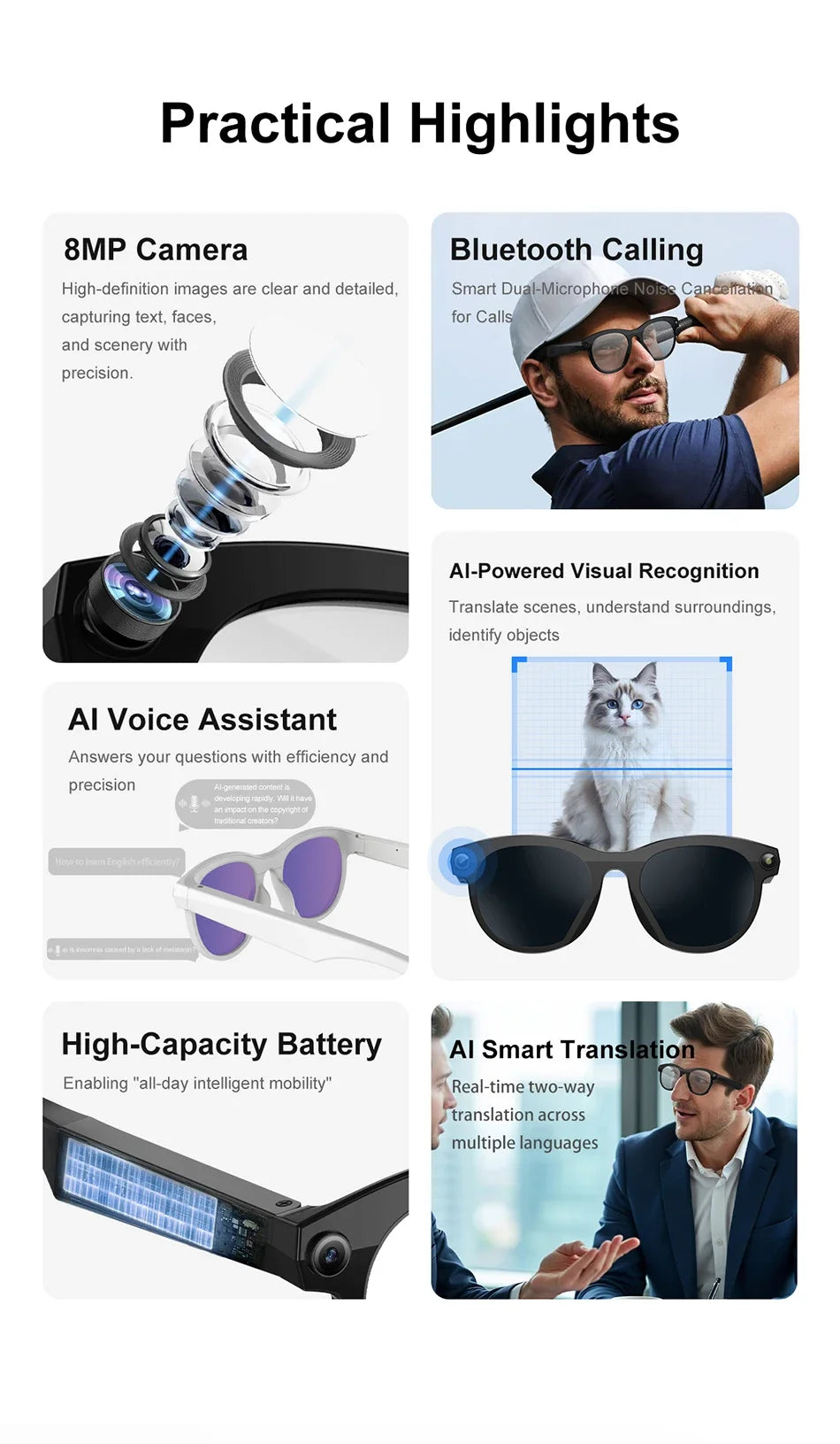 Lunettes intelligentes Lenovo F06 avec caméra et Bluetooth