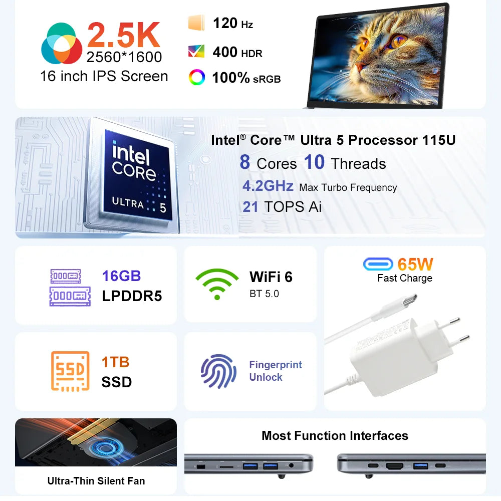 PC portable Ninkear N16 Pro - Intel Core Ultra 5, 16" 2.5K 120 Hz, 16 Go, 1 To SSD