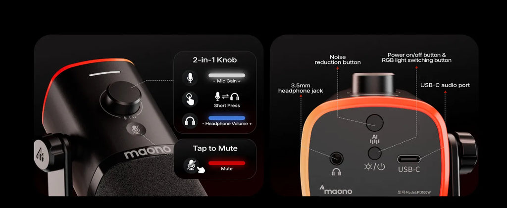 MAONO PD100W - Microphone Dynamique Sans Fil pour Streaming et Gaming