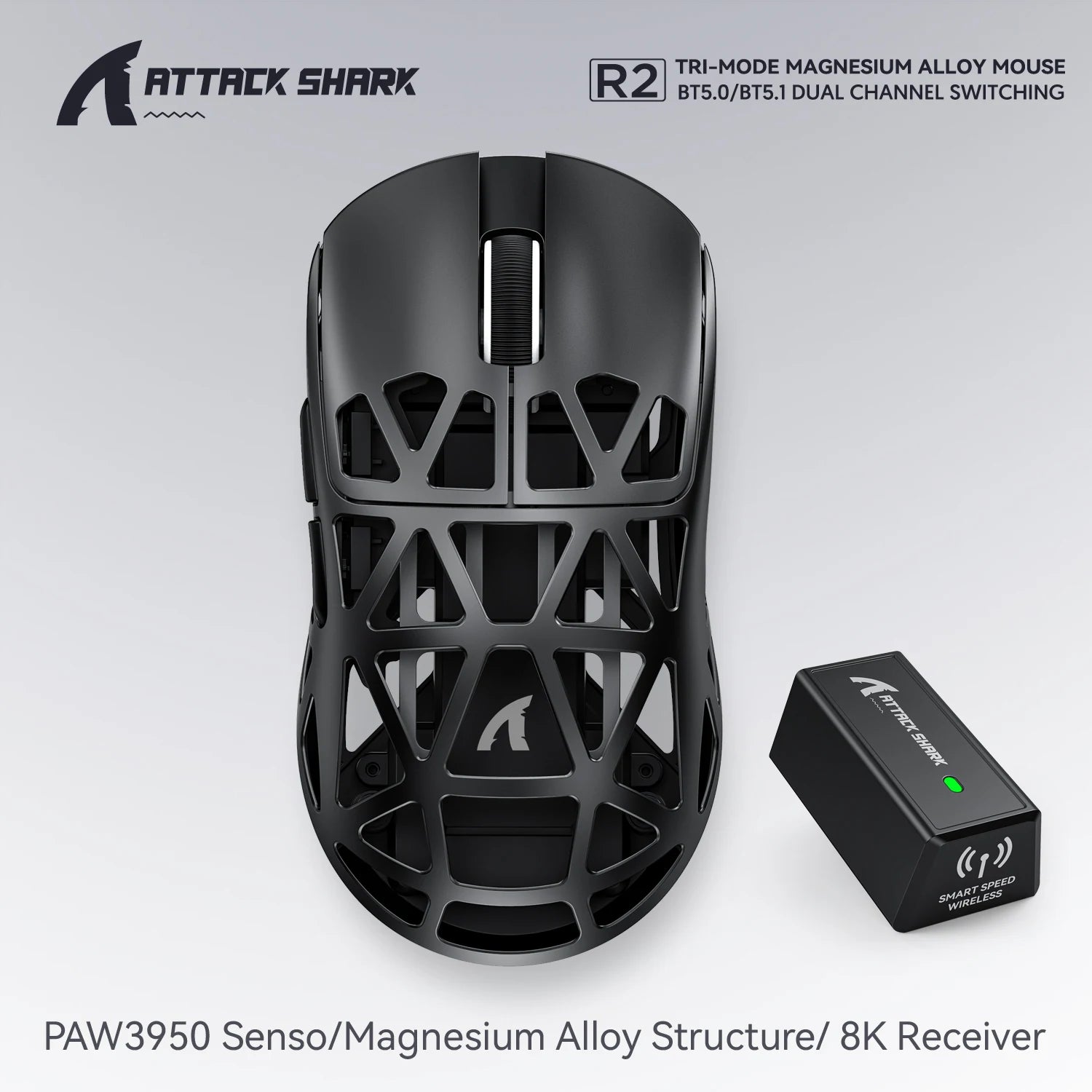 Attaque Shark R2 souris de jeu sans fil PAW3950 8K alliage de magnésium souris de jeu légère Bluetooth Tri-Mode pour les jeux/bureau