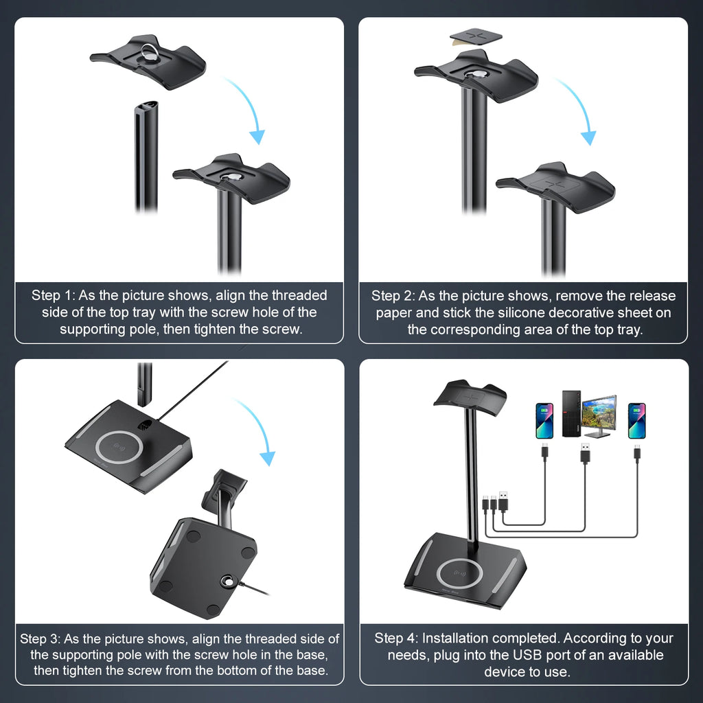Support Casque Gaming RGB New Bee Z12 – Chargeur Sans Fil + 3 Ports USB, Aluminium