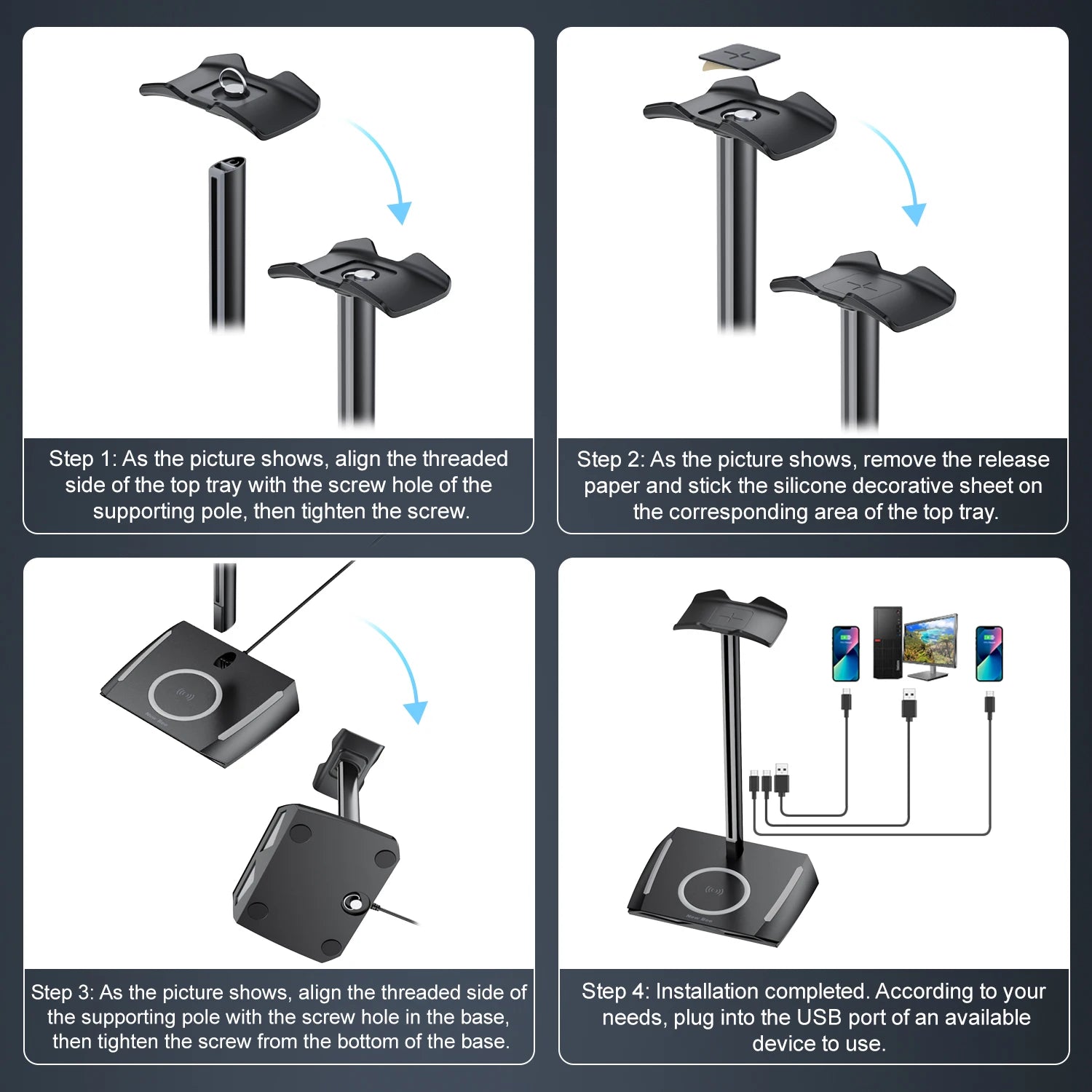 Support Casque Gaming RGB New Bee Z12 – Chargeur Sans Fil + 3 Ports USB, Aluminium