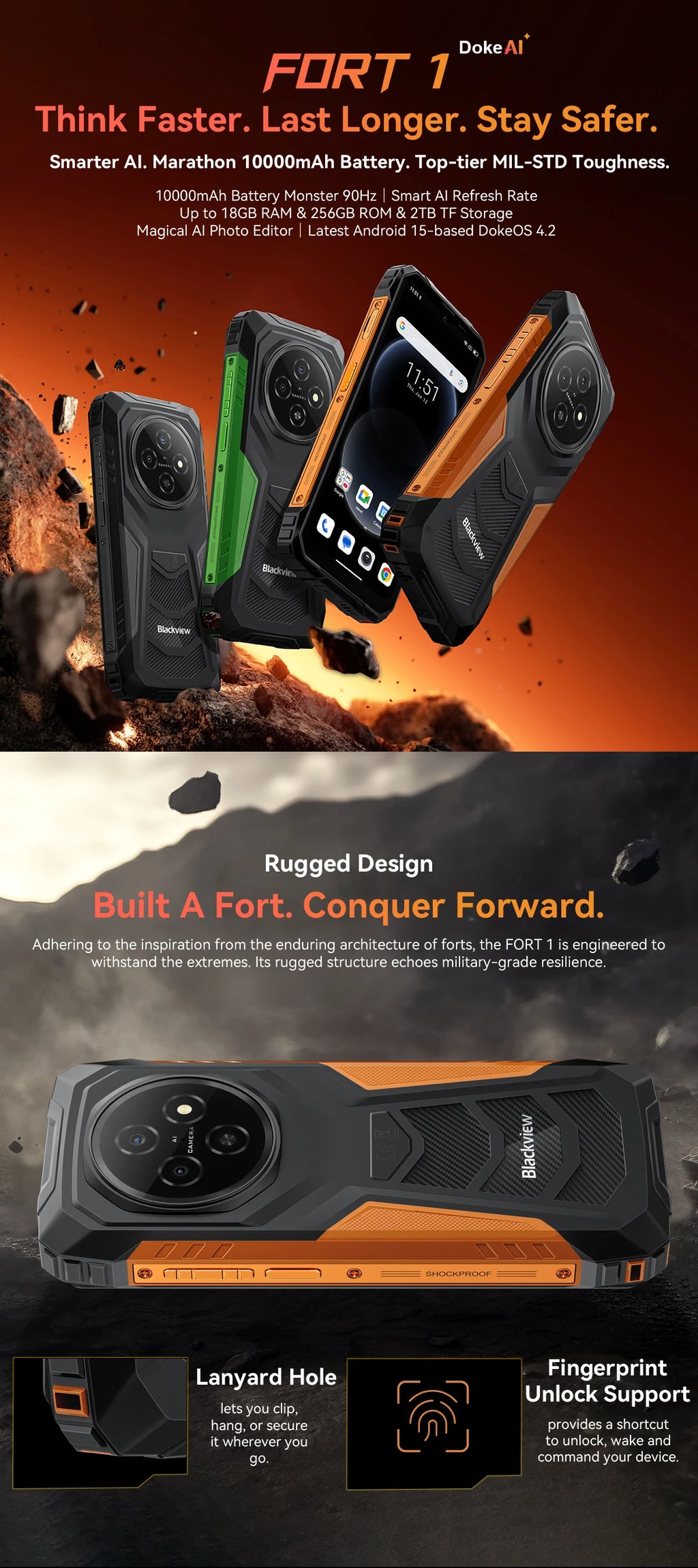 Blackview Fort 1 – smartphone robuste 4G, 6 Go RAM, 256 Go, 10 000 mAh