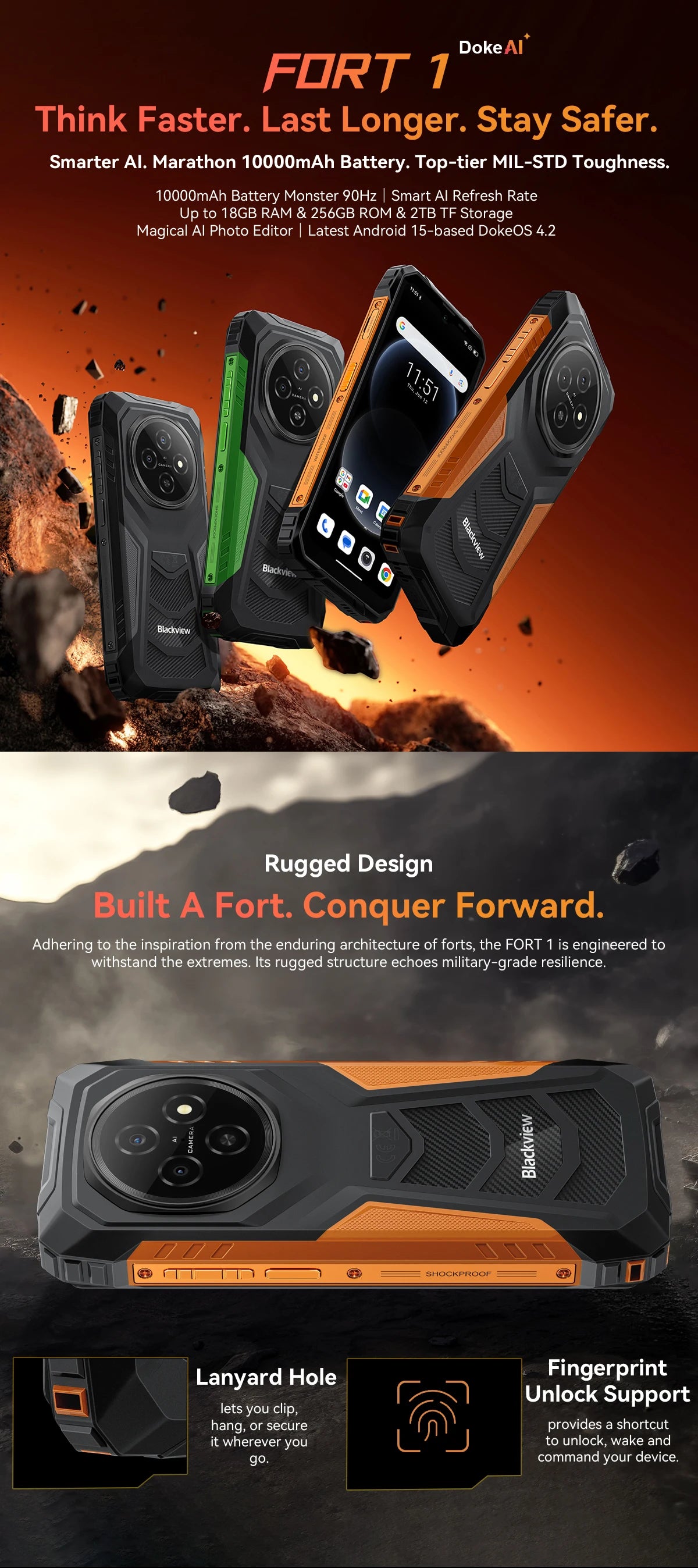 Blackview Fort 1 – smartphone robuste 4G, 6 Go RAM, 256 Go, 10 000 mAh