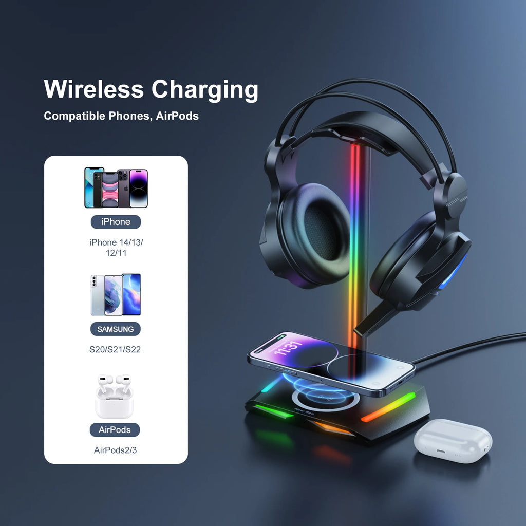 Support Casque Gaming RGB New Bee Z12 – Chargeur Sans Fil + 3 Ports USB, Aluminium