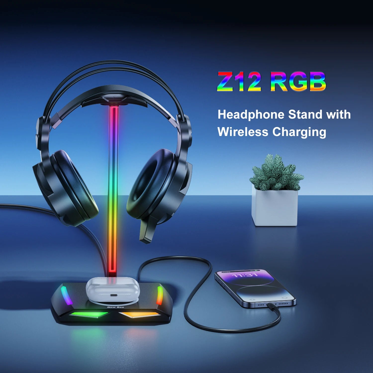 Support Casque Gaming RGB New Bee Z12 – Chargeur Sans Fil + 3 Ports USB, Aluminium