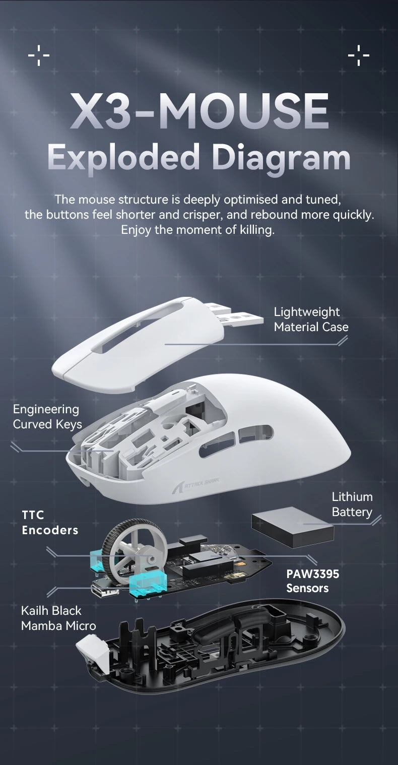 Attack Shark X3 / X3 Pro – Souris Gaming Sans Fil Pixart 3395 | 26 000 DPI | 49g