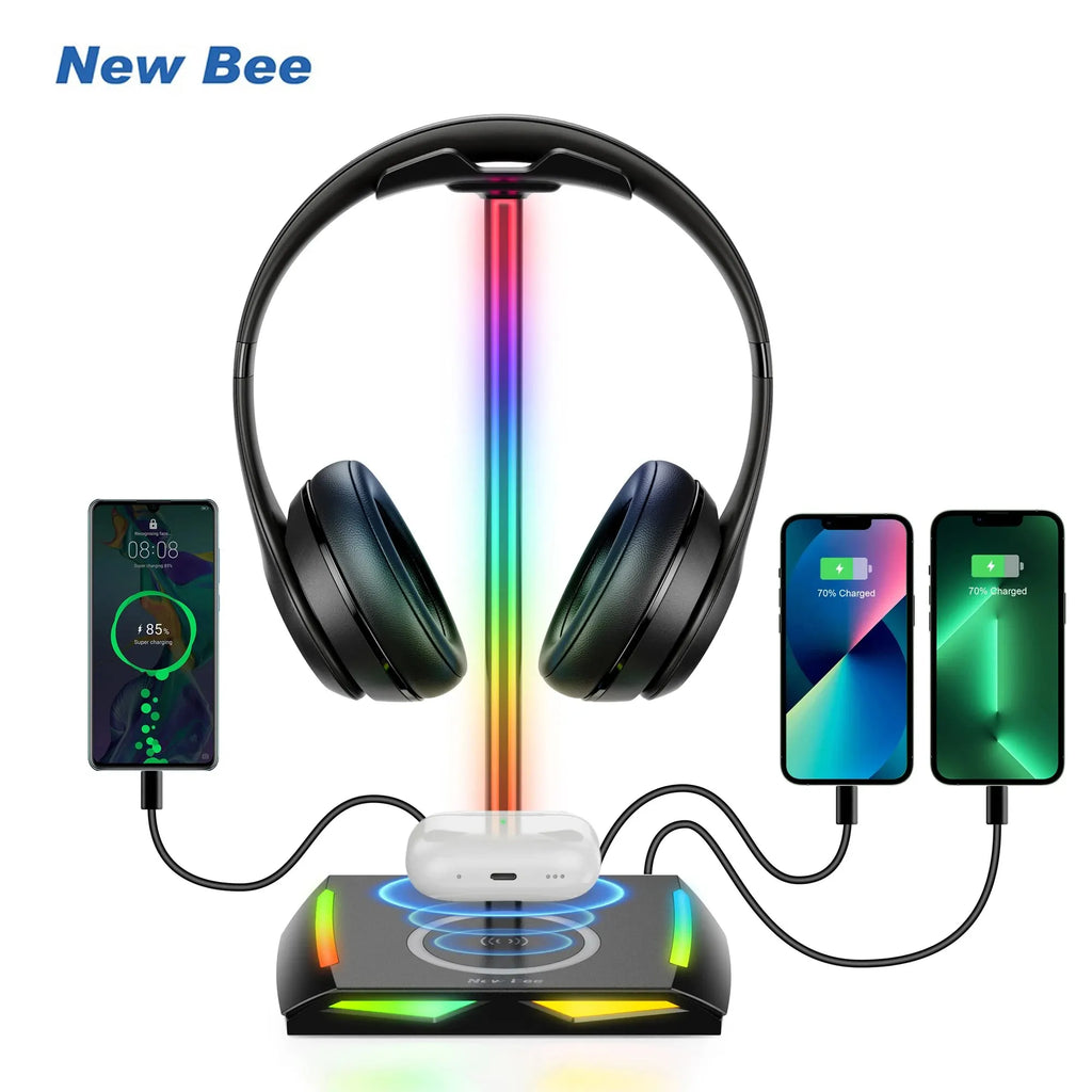 Support Casque Gaming RGB New Bee Z12 – Chargeur Sans Fil + 3 Ports USB, Aluminium