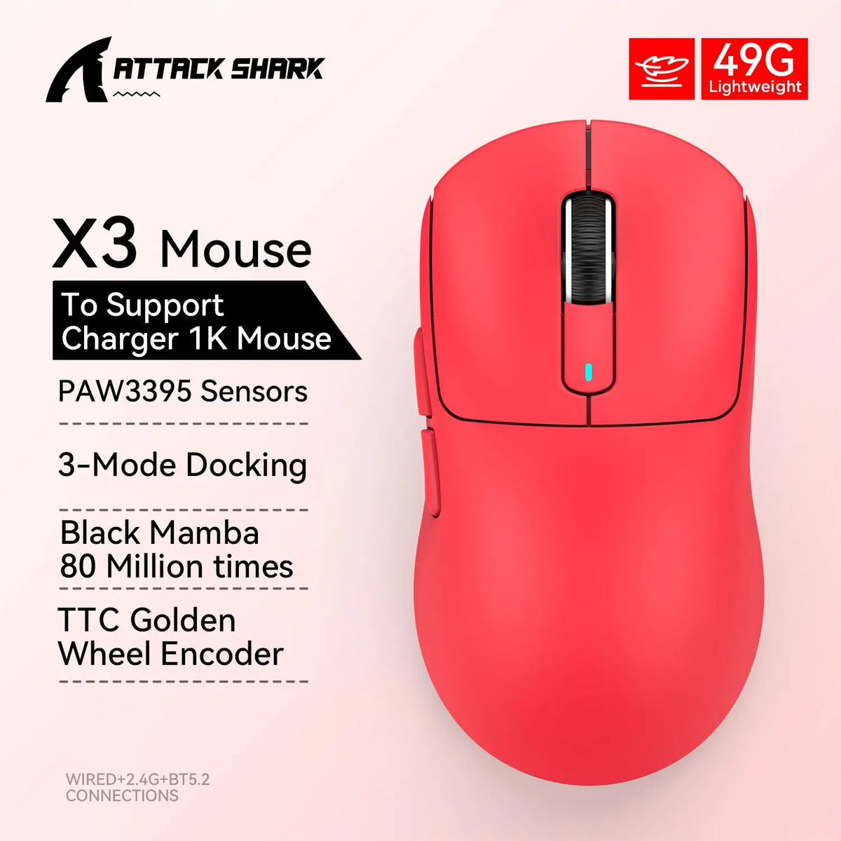 Attack Shark X3 / X3 Pro – Souris Gaming Sans Fil Pixart 3395 | 26 000 DPI | 49g