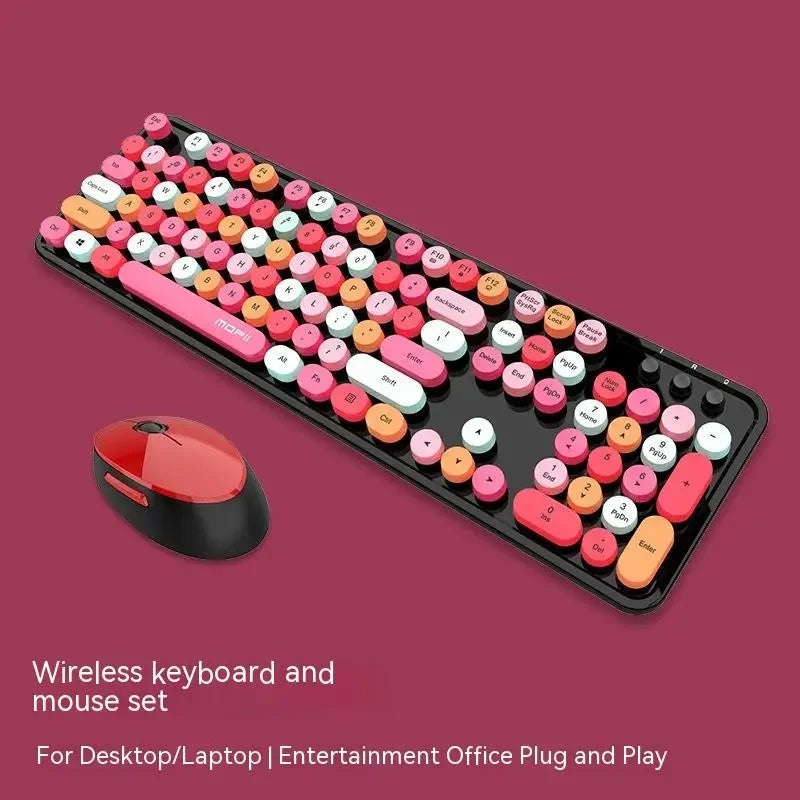 Ensemble Clavier & Souris Sans Fil Kawaii – 104 Touches, Design Rétro Arc-en-Ciel, Multi-Coloris