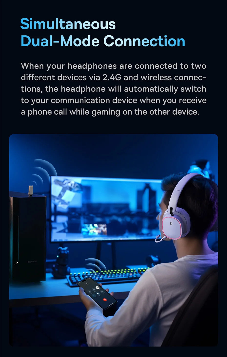 Casque Gaming Sans Fil Baseus GH02 – Bluetooth 5.3, 2.4G, 40H Autonomie, RGB, Micro