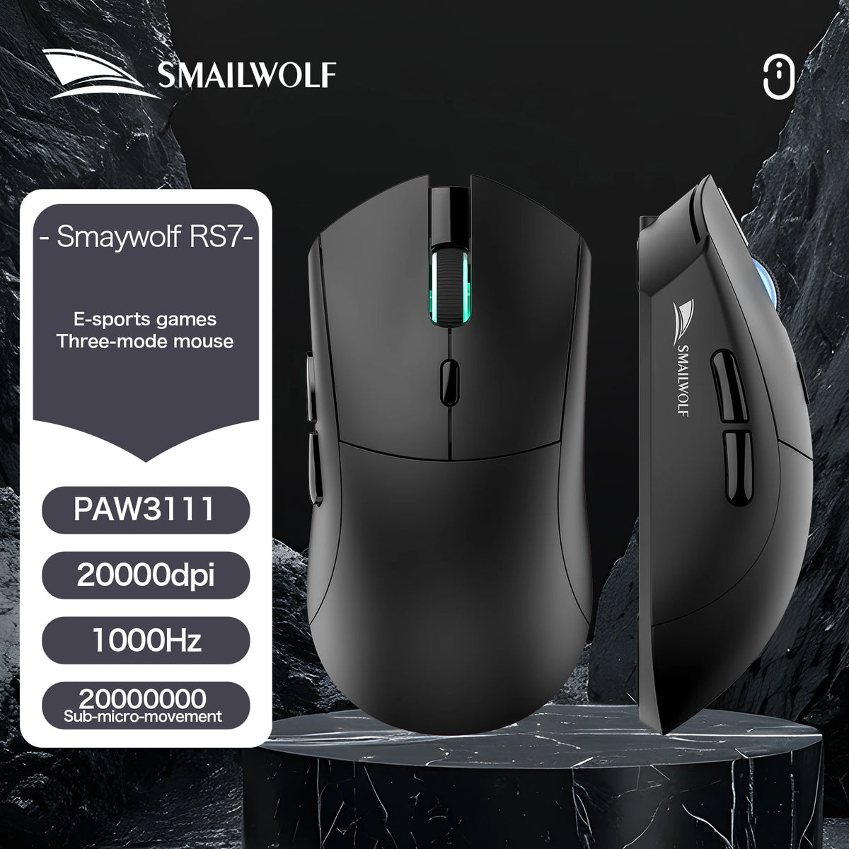 SMAILWOLF RS7 Souris Gaming Sans Fil Bluetooth – Capteur PAW3311, 12 000 DPI, Rechargeable