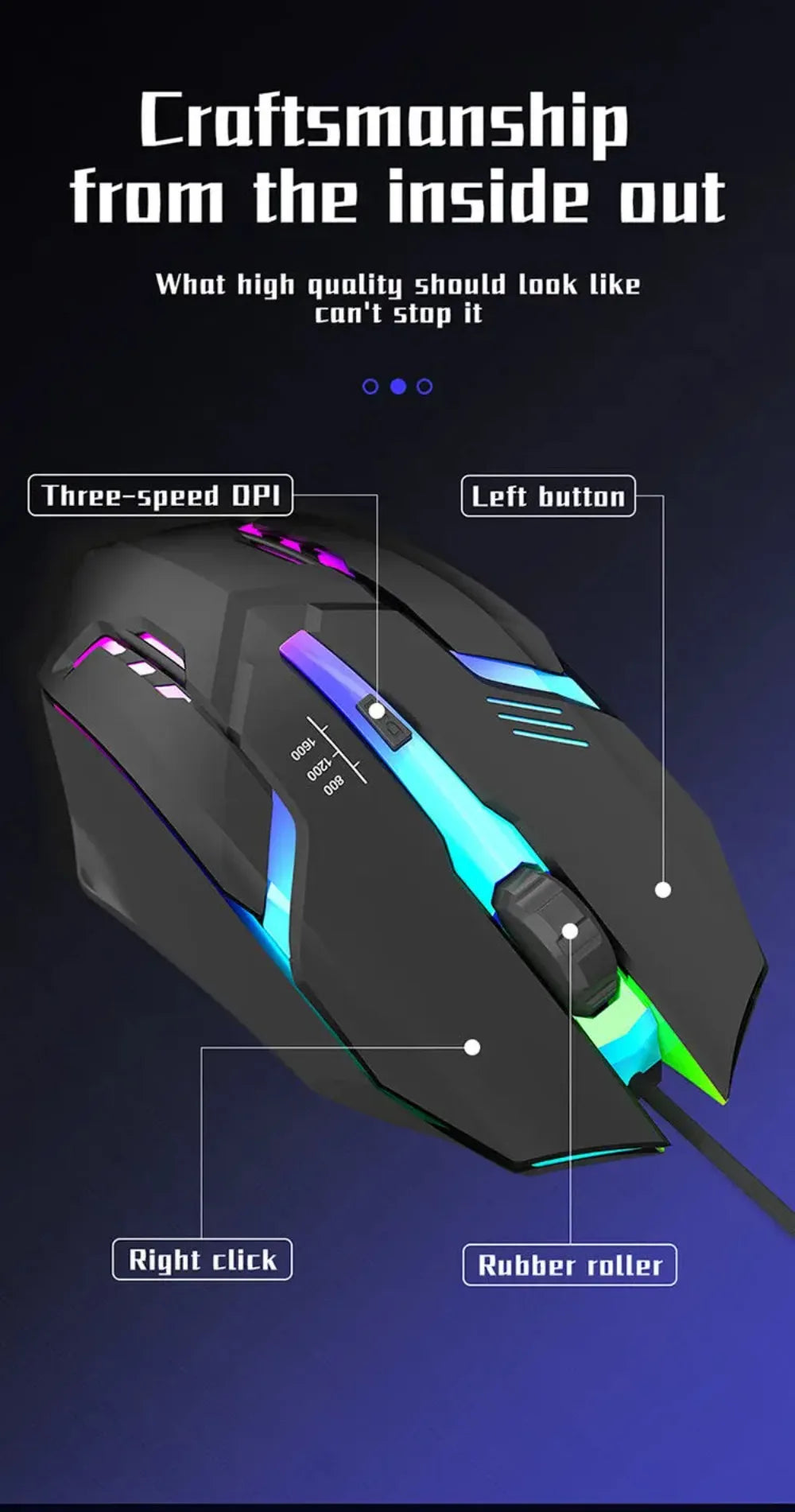 Souris de jeu LED, conception ergonomique, lumineuse, filaire, USB, 4 boutons, rétroéclairée, pour PC de bureau et ordinateurs portables