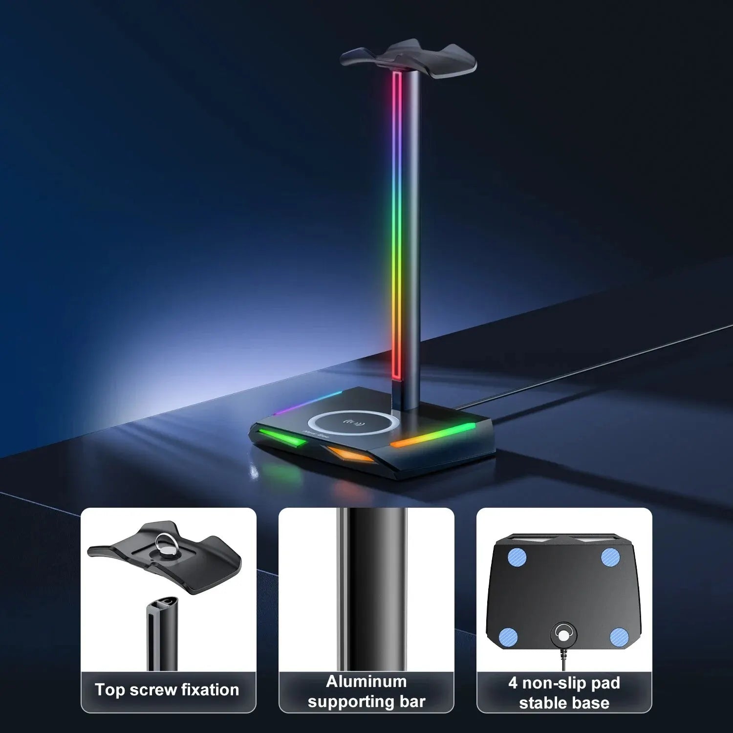 Support Casque Gaming RGB New Bee Z12 – Chargeur Sans Fil + 3 Ports USB, Aluminium