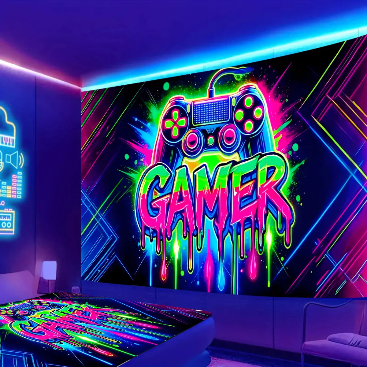 VIKAMA – tapisserie néon de jeu avec poignée éblouissante, décoration de salle de jeu pour chambre à coucher, mur de fond en direct