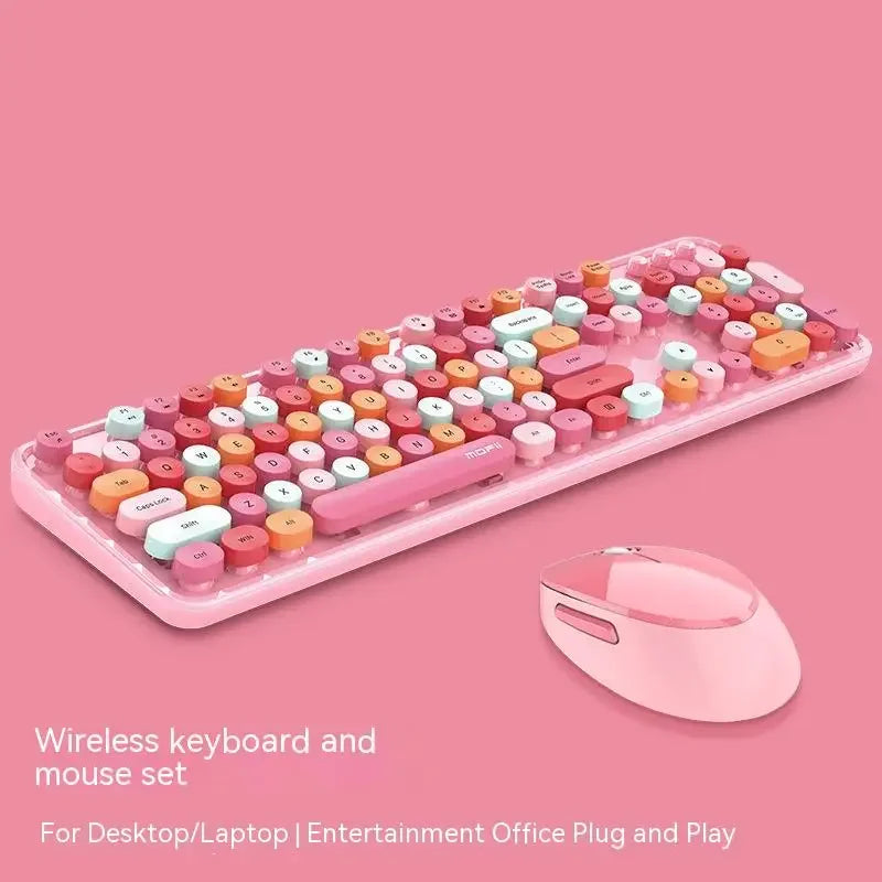 Ensemble Clavier & Souris Sans Fil Kawaii – 104 Touches, Design Rétro Arc-en-Ciel, Multi-Coloris