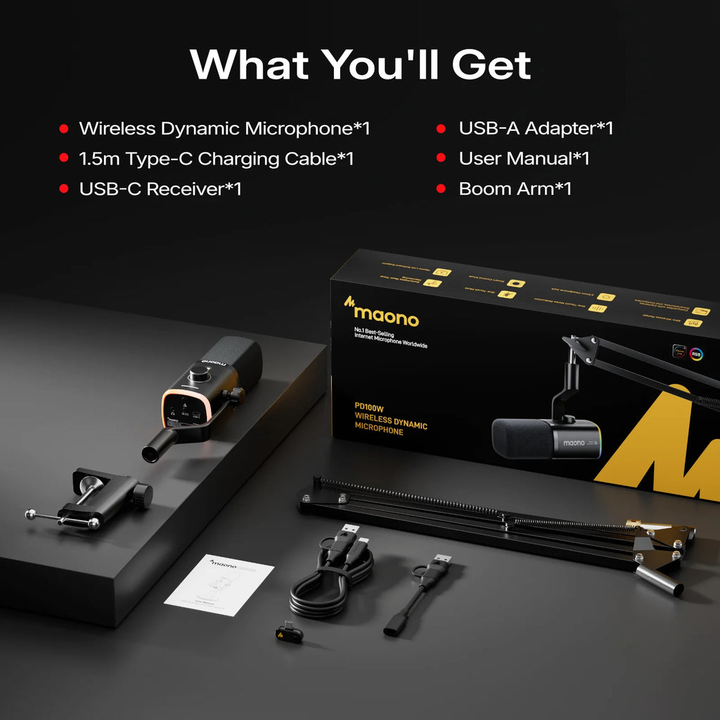 MAONO PD100W - Microphone Dynamique Sans Fil pour Streaming et Gaming