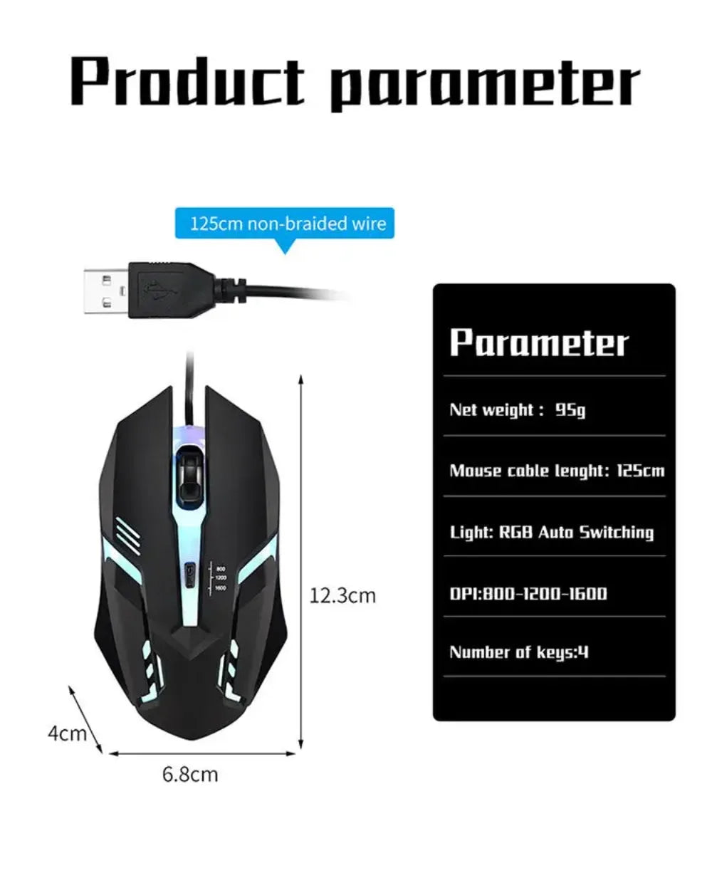 Souris de jeu LED, conception ergonomique, lumineuse, filaire, USB, 4 boutons, rétroéclairée, pour PC de bureau et ordinateurs portables