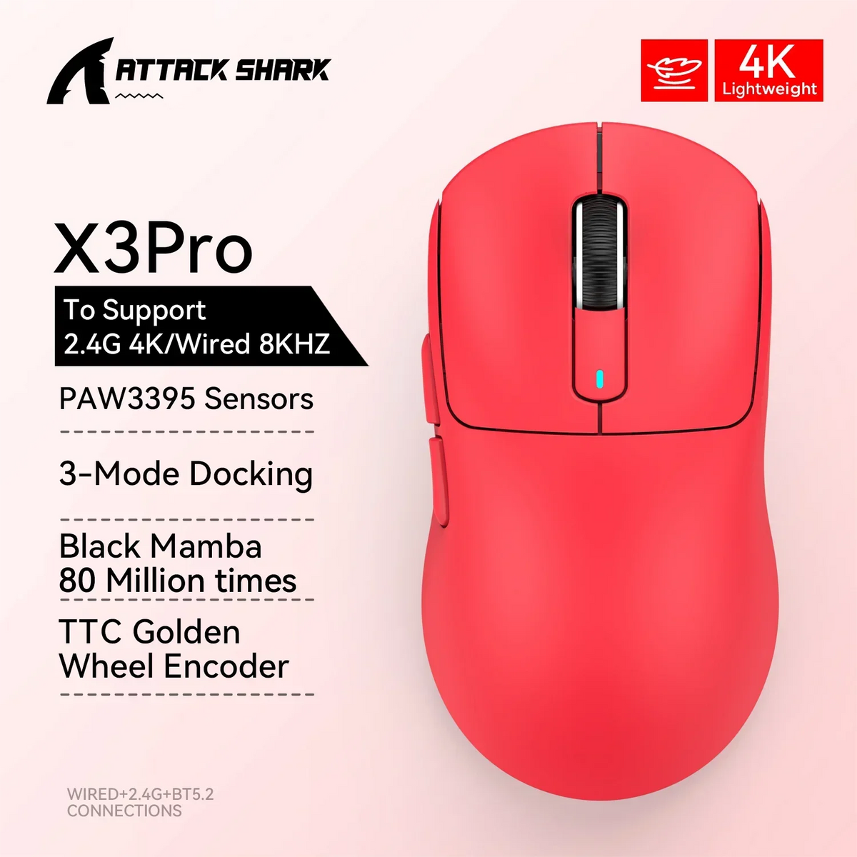Attack Shark X3 / X3Pro – Souris Gaming Sans Fil PAW3395 26K DPI