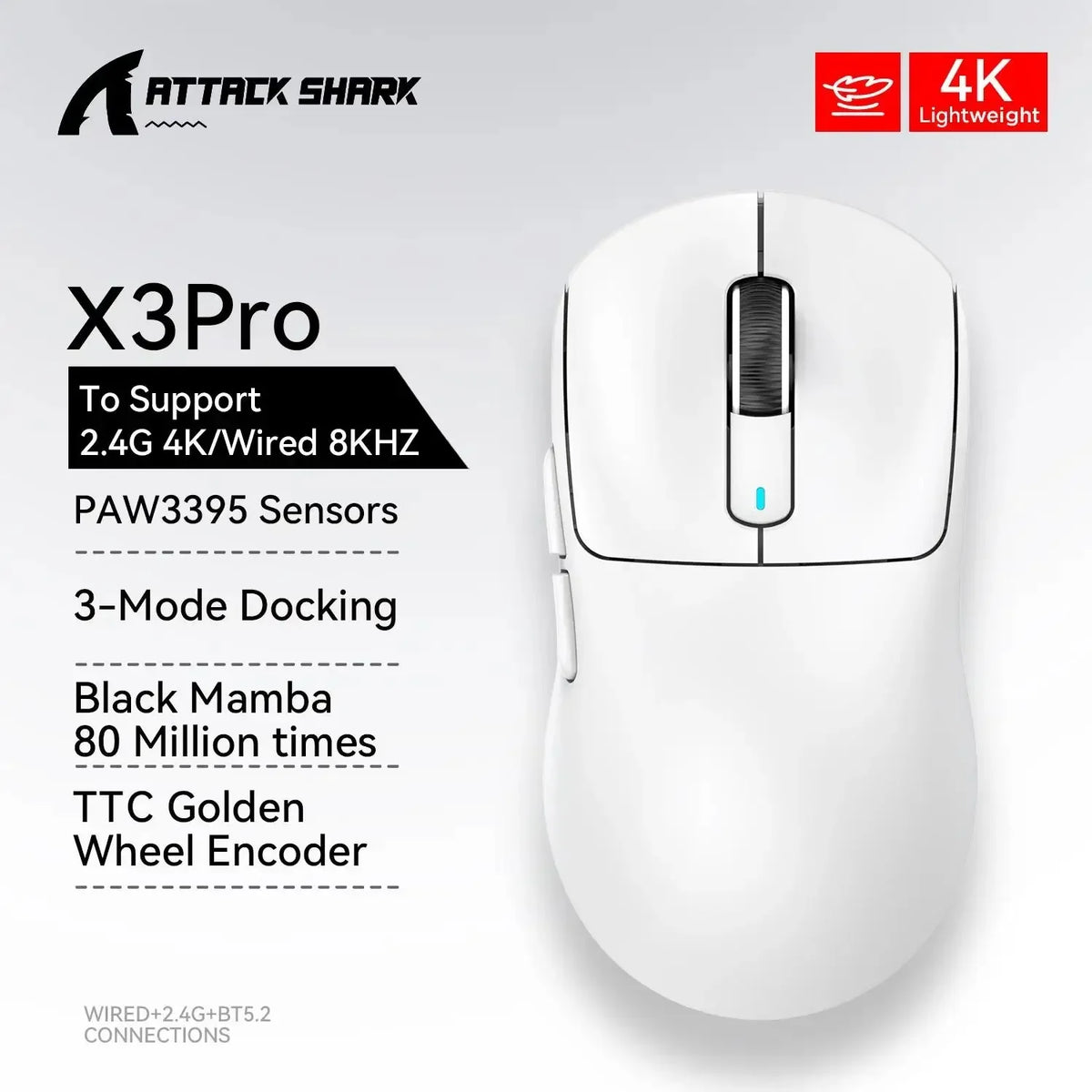 Attack Shark X3 / X3Pro – Souris Gaming Sans Fil PAW3395 26K DPI