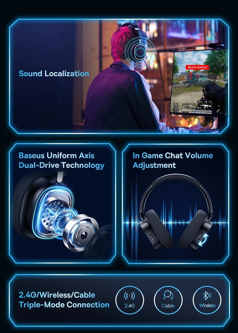Casque Gaming Sans Fil Baseus GH02 – Bluetooth 5.3, 2.4G, 40H Autonomie, RGB, Micro