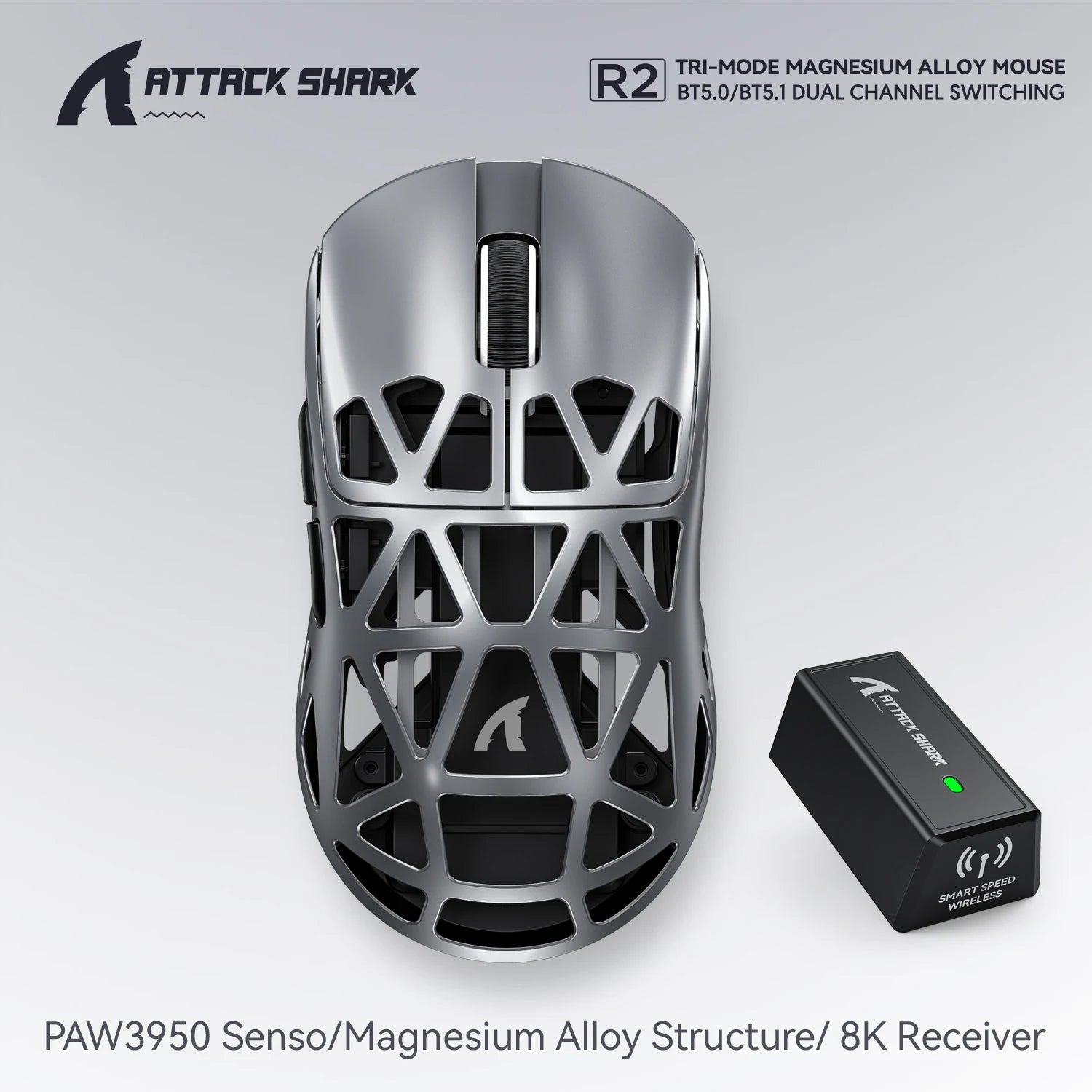 Attaque Shark R2 souris de jeu sans fil PAW3950 8K alliage de magnésium souris de jeu légère Bluetooth Tri-Mode pour les jeux/bureau