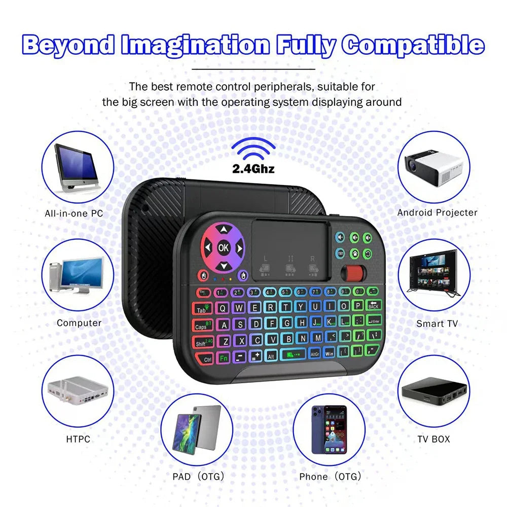 Mini Clavier Sans Fil KEBIDUMEI – Bluetooth 5.2 + 2.4G, Pavé Tactile, Rétroéclairage RGB 8 Couleurs